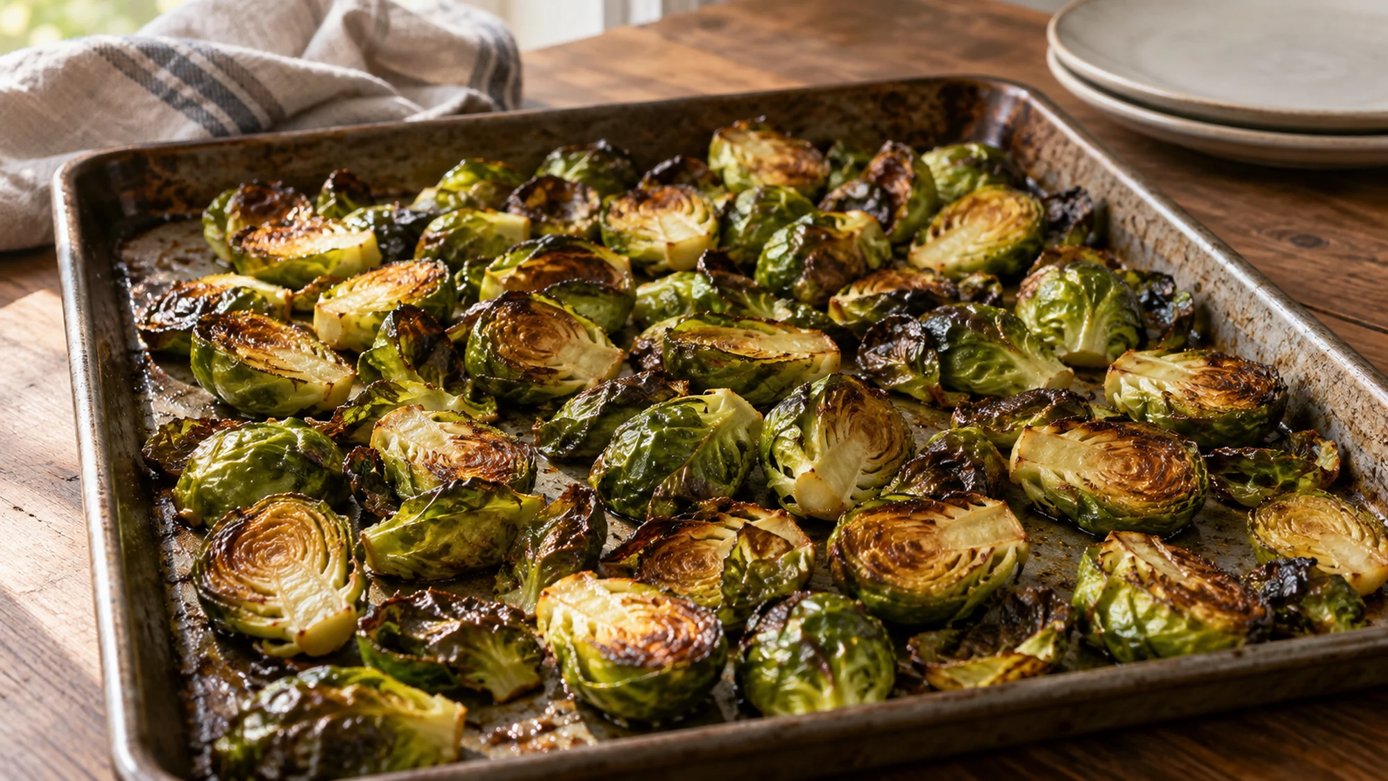Roasted Brussels sprouts with browned cut sides on a metal sheet pan
