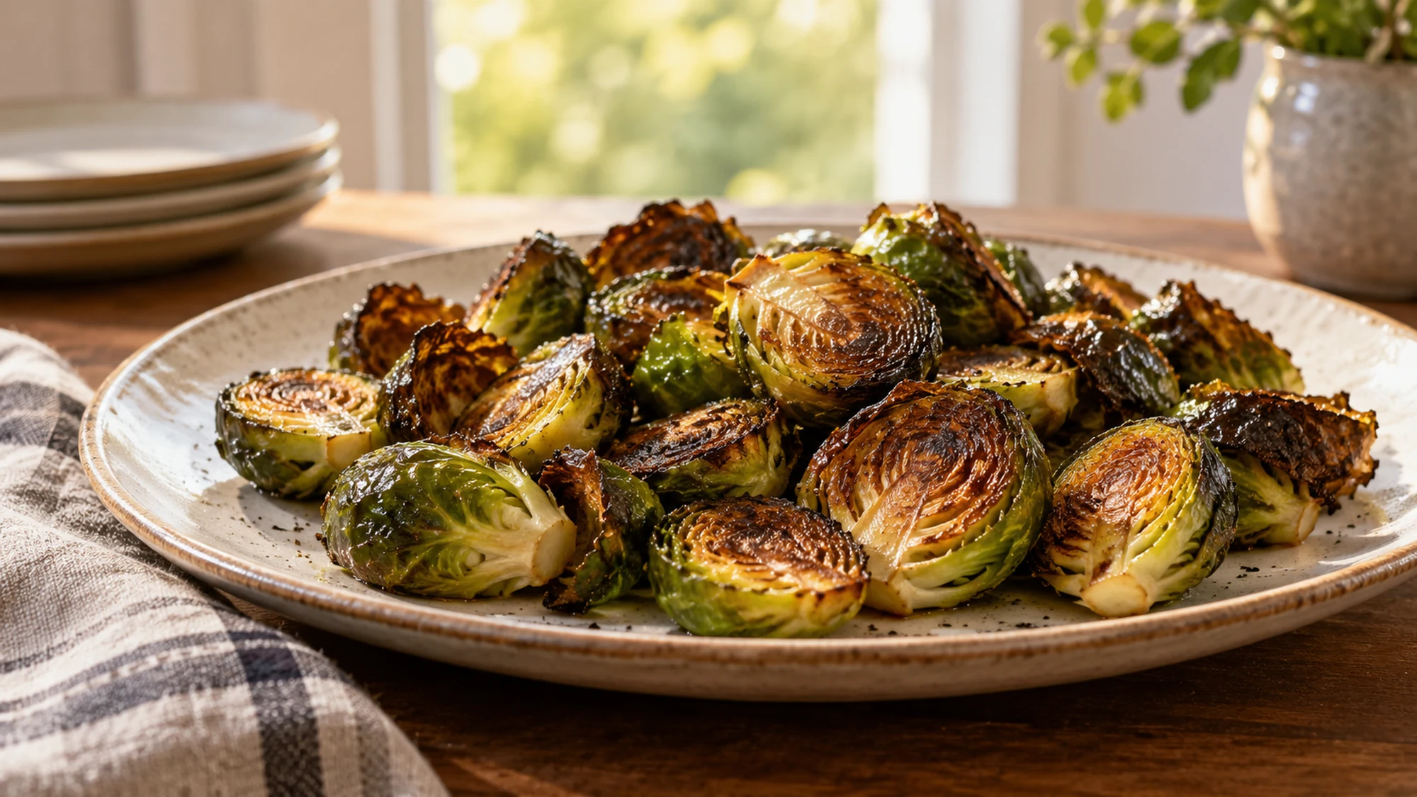 Close serving of browned Brussels sprouts after roasting