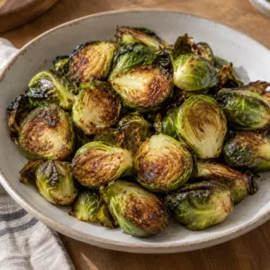 Square close view of crisp roasted Brussels sprout halves