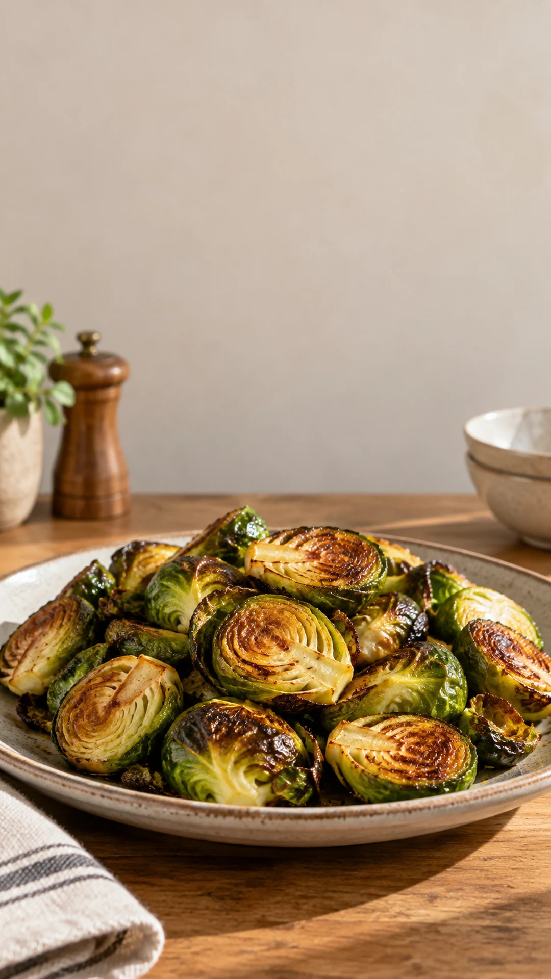 Finished crisp roasted brussels sprouts for the story opening