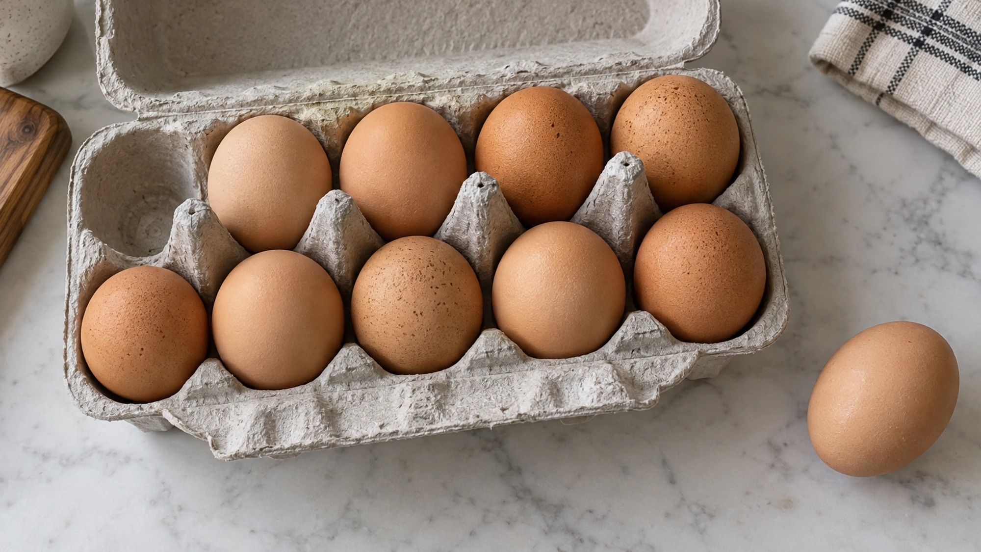 Whole brown chicken eggs in an open carton with one egg on the counter.