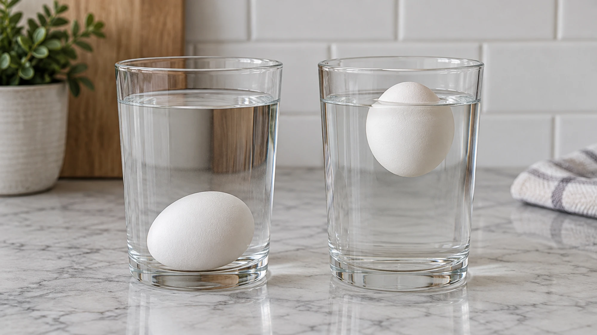 Two eggs in separate water glasses, one at the bottom and one floating at the surface.