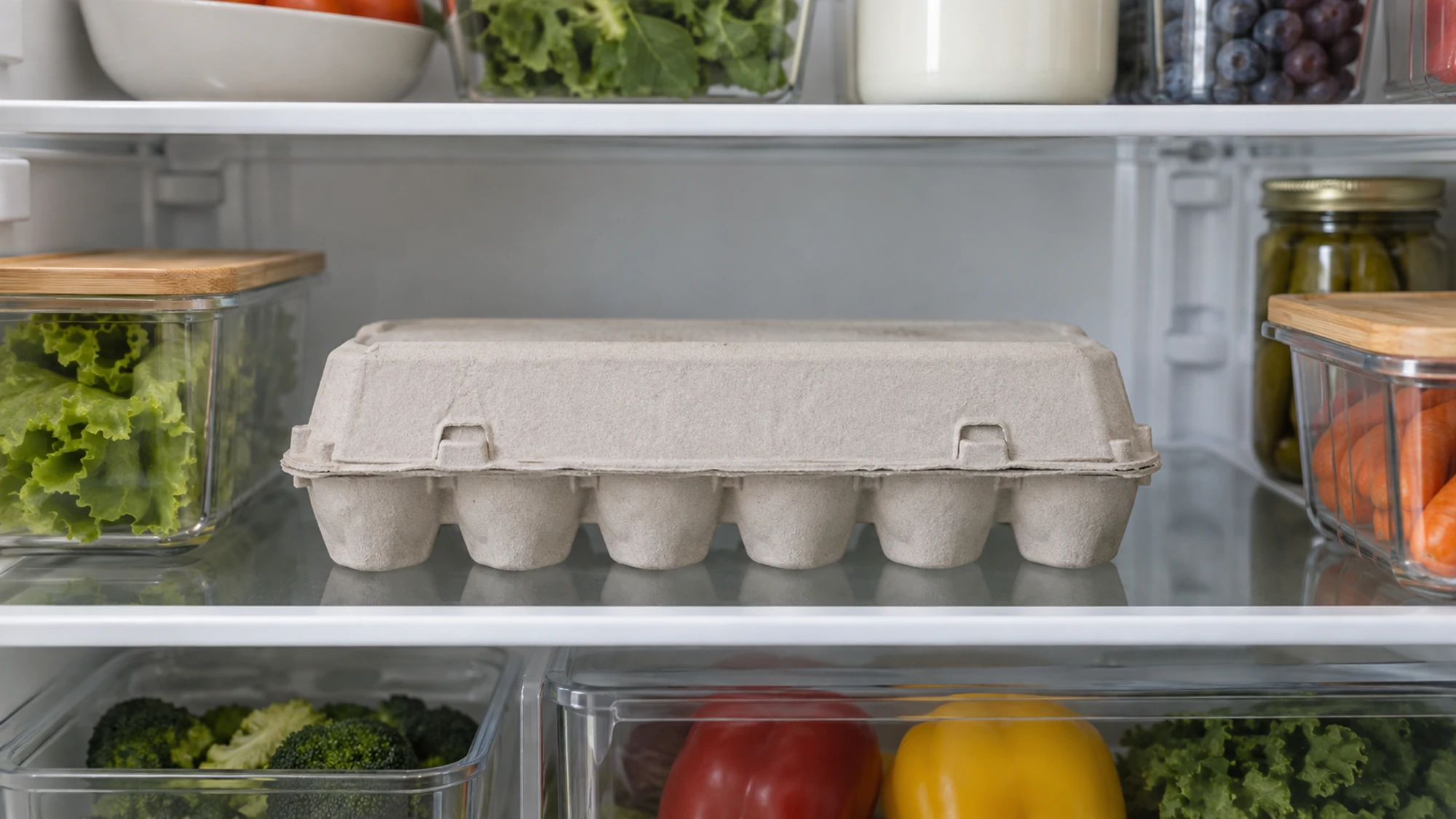 Closed egg carton stored on an interior refrigerator shelf.
