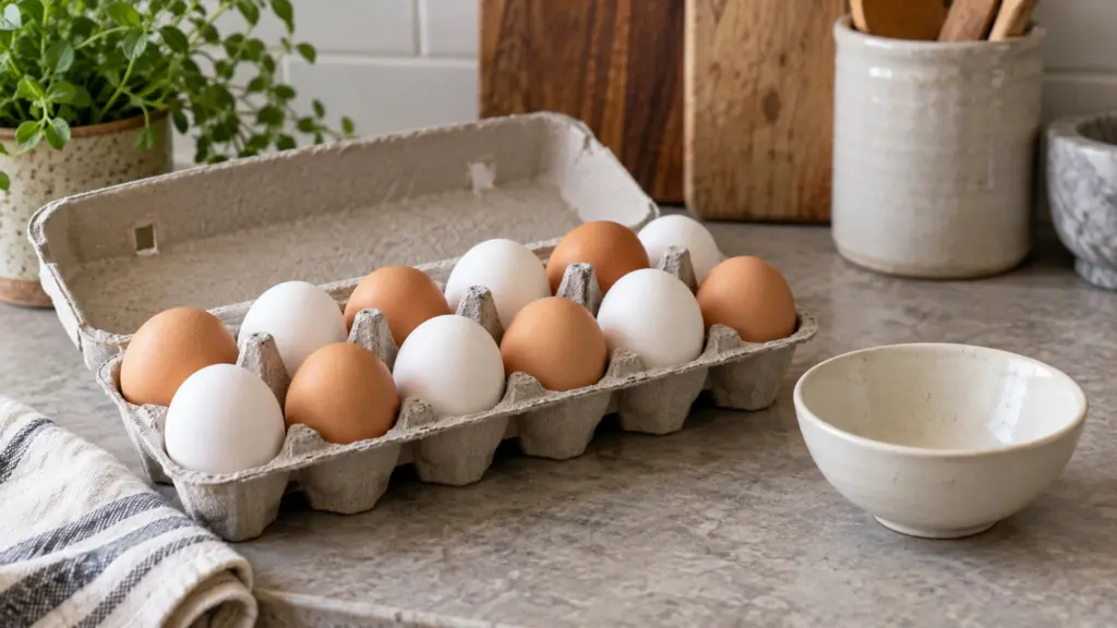 Open carton of clean brown and white eggs beside an empty bowl.