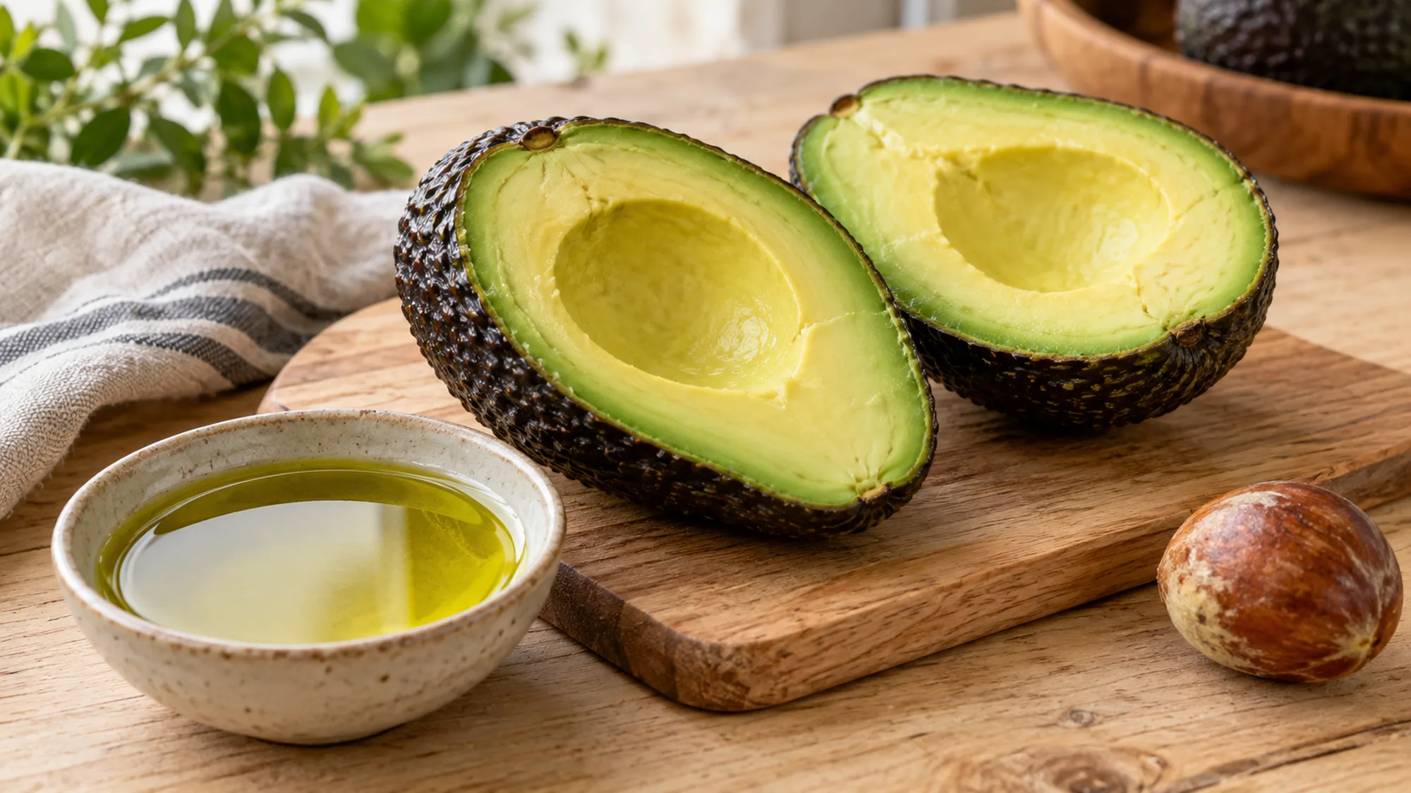 Avocado flesh and a separated pit beside a dish of avocado oil.