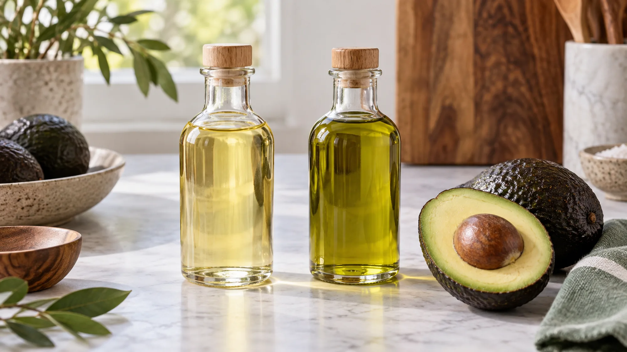 Two unlabeled bottles containing differently colored avocado oils beside a cut avocado.