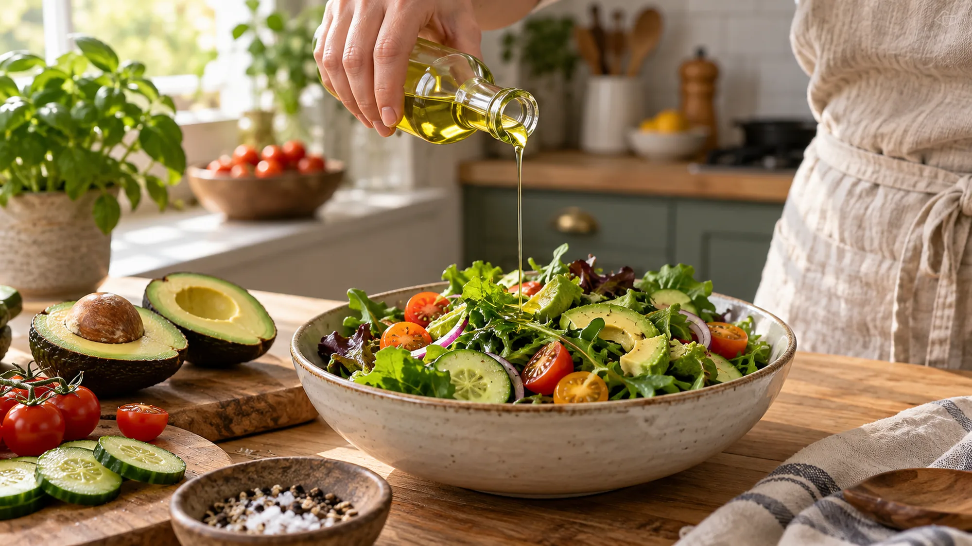 Avocado oil drizzled over a leafy cucumber and tomato salad.