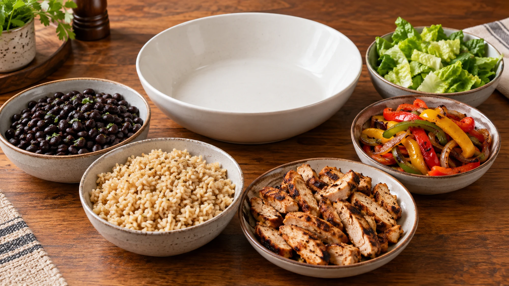 Separate bowls of beans, rice, chicken, peppers and lettuce beside an empty bowl