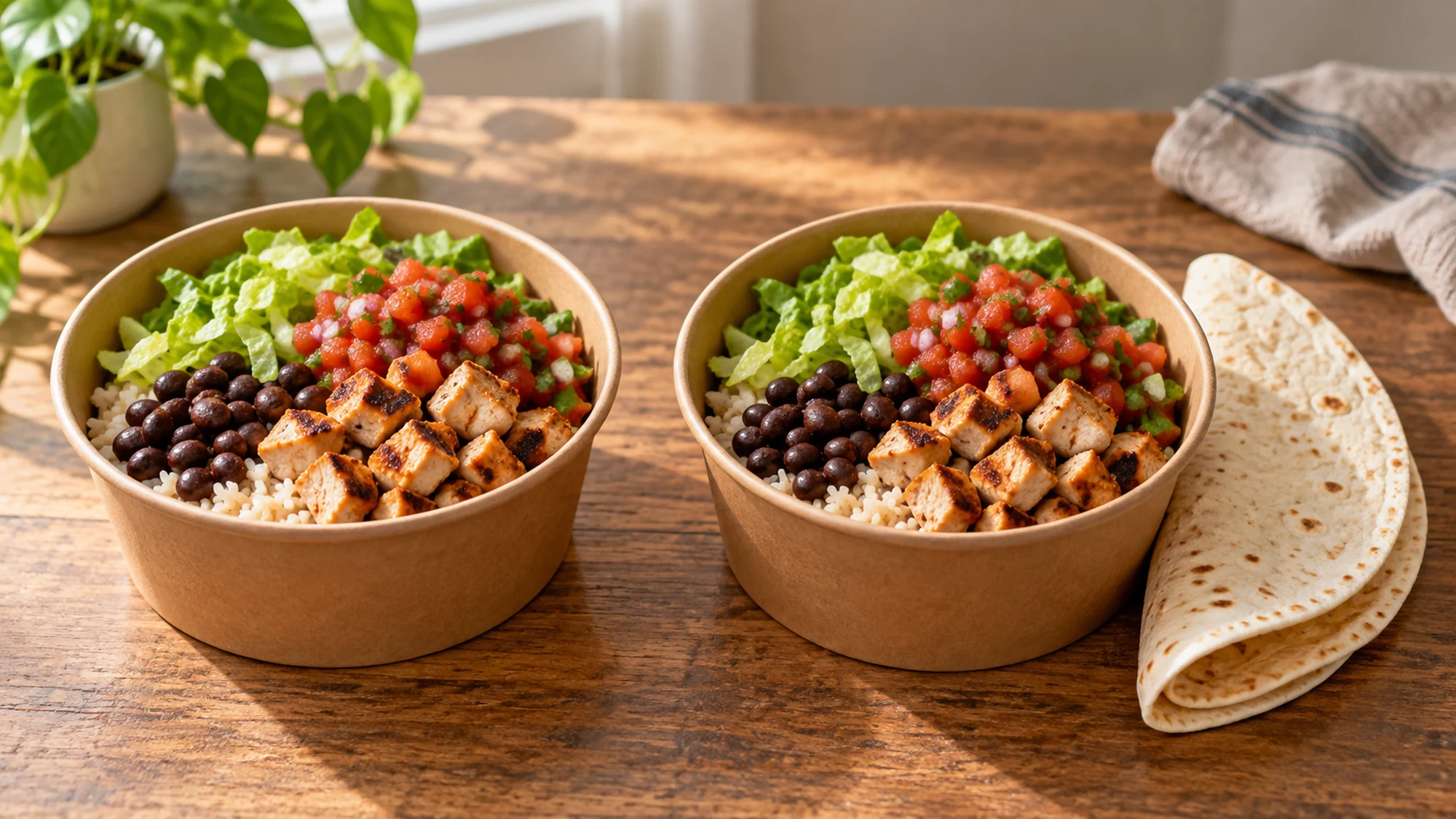 Two similar chicken and bean bowls with a folded flour tortilla beside one