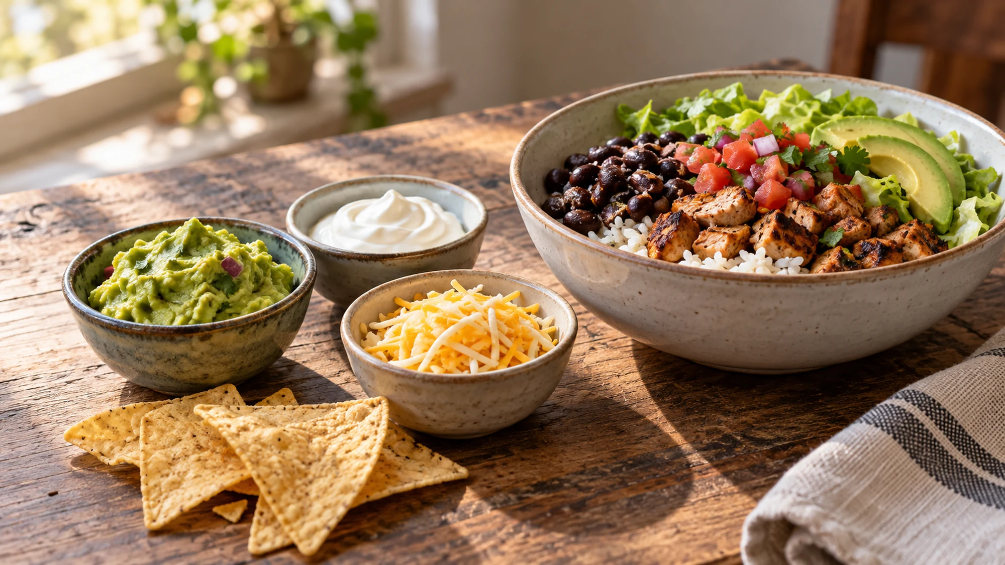 Guacamole, sour cream, shredded cheese and tortilla chips beside a burrito bowl