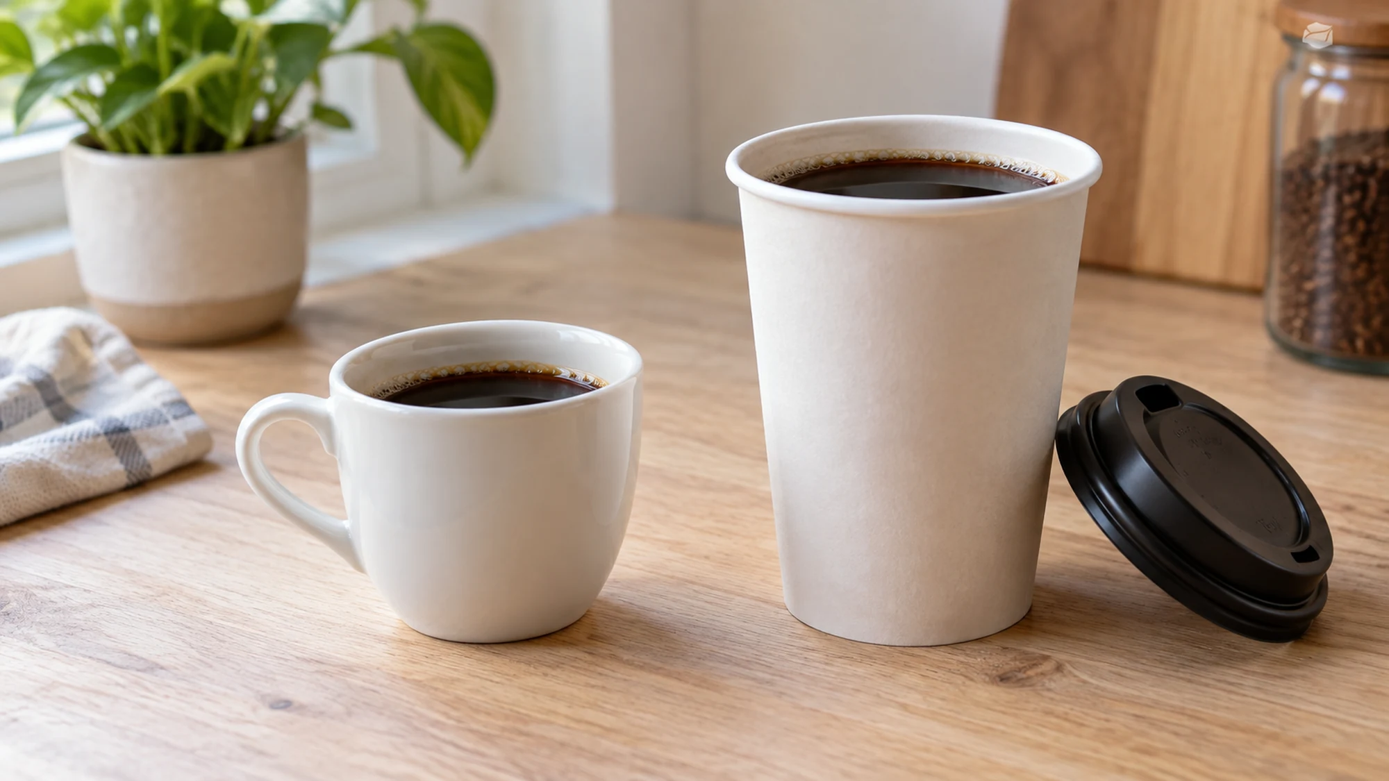 A small ceramic cup and a larger takeaway cup filled with black coffee