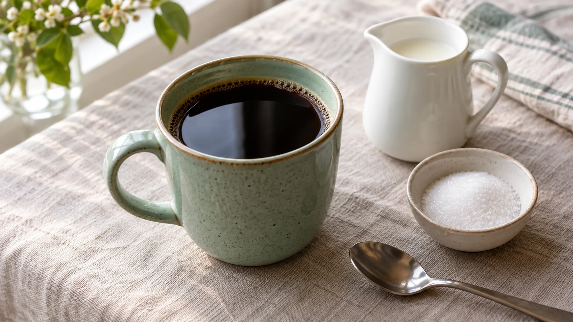 Black coffee in a green mug with milk, sugar and a teaspoon beside it