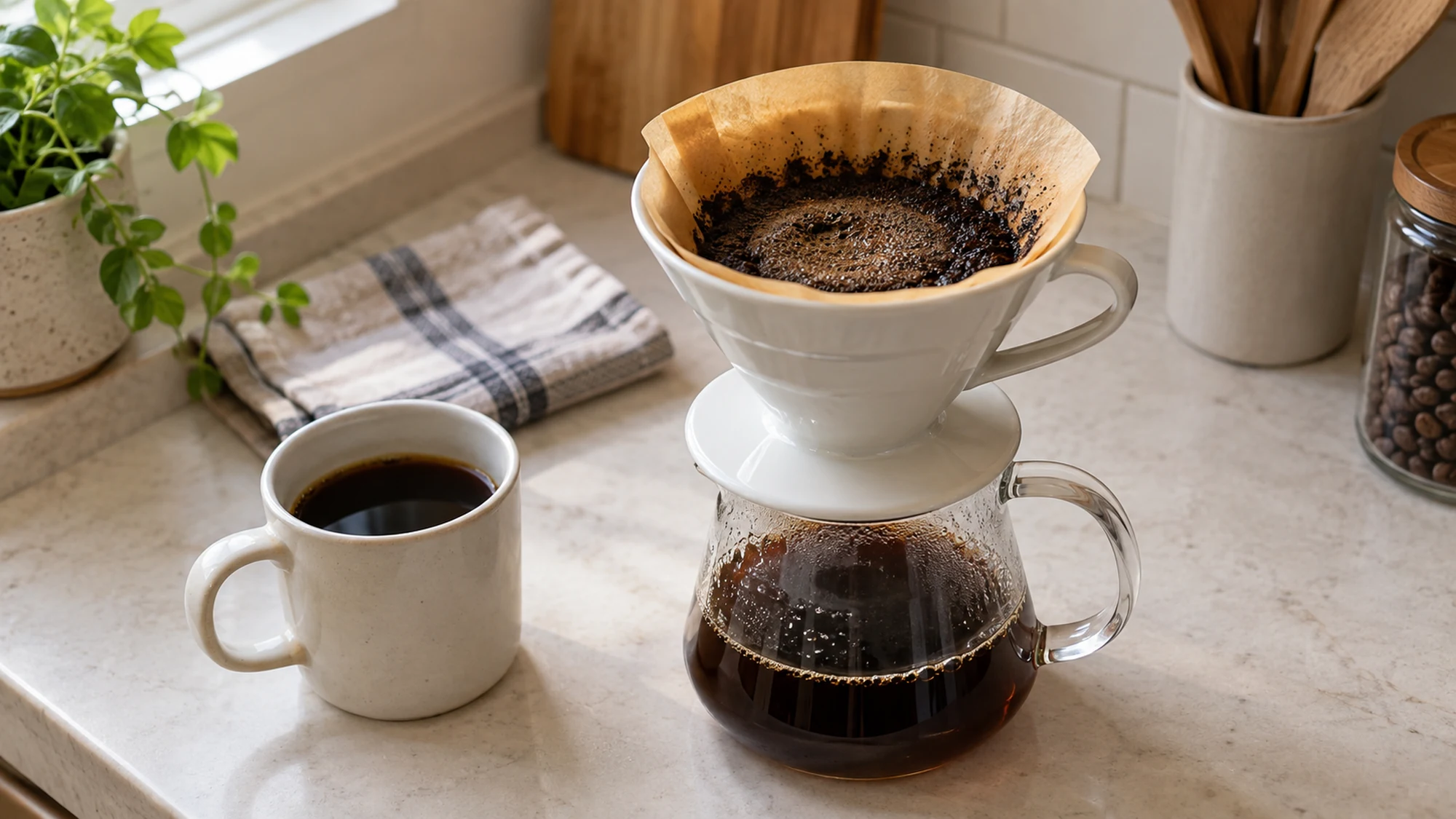 A ceramic dripper with a paper filter above a glass coffee server and a white mug