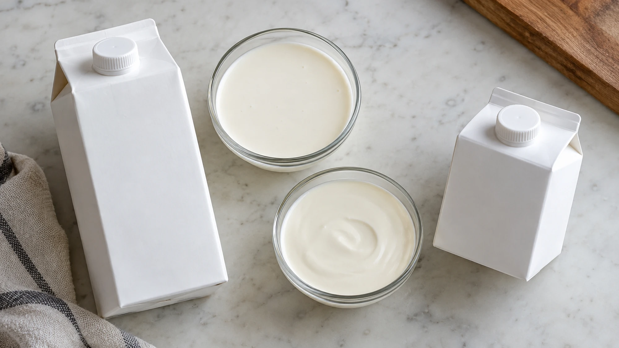 Plain cream cartons beside two glass bowls of liquid cream