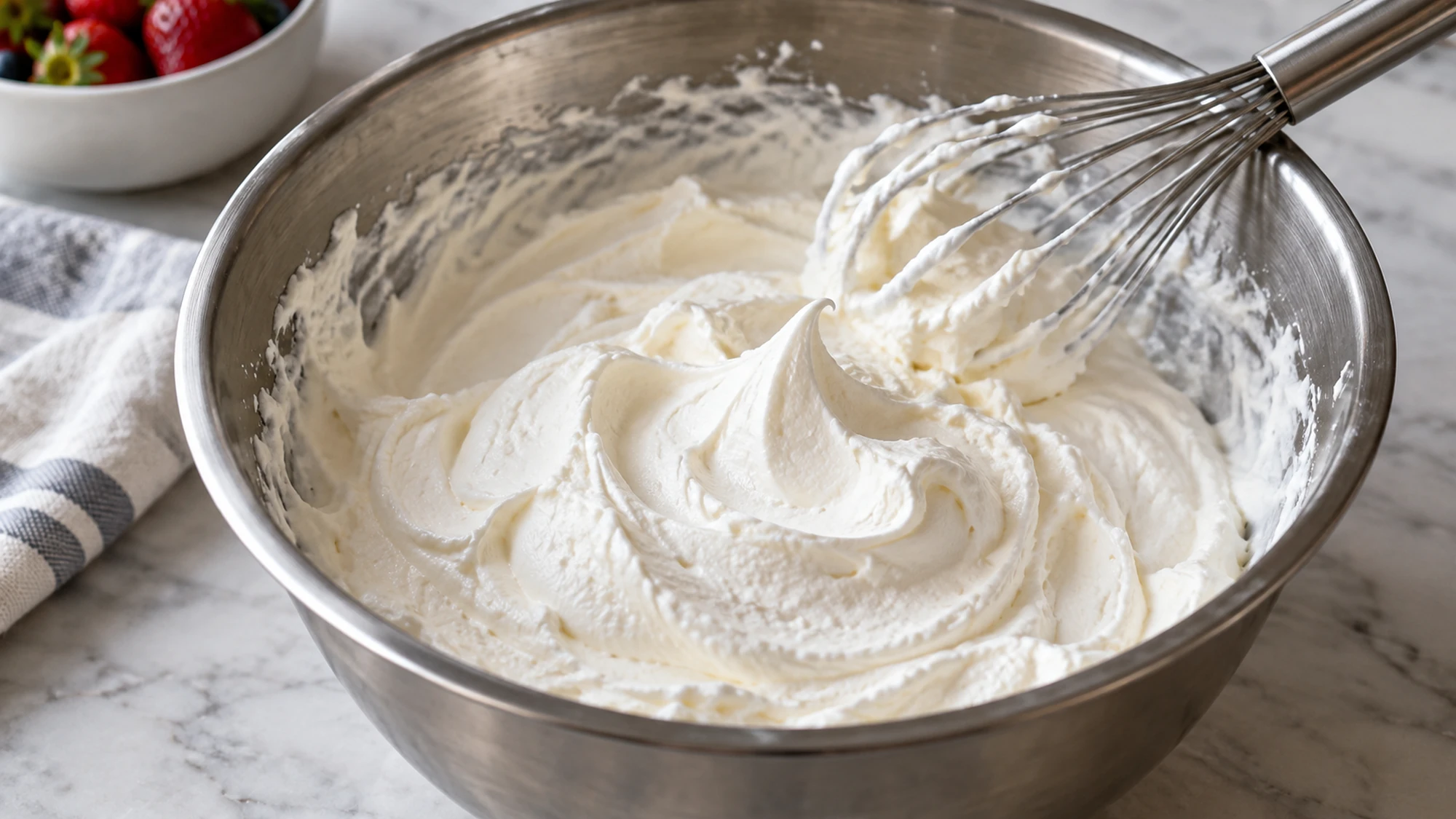 Whipped cream forming soft peaks in a metal bowl