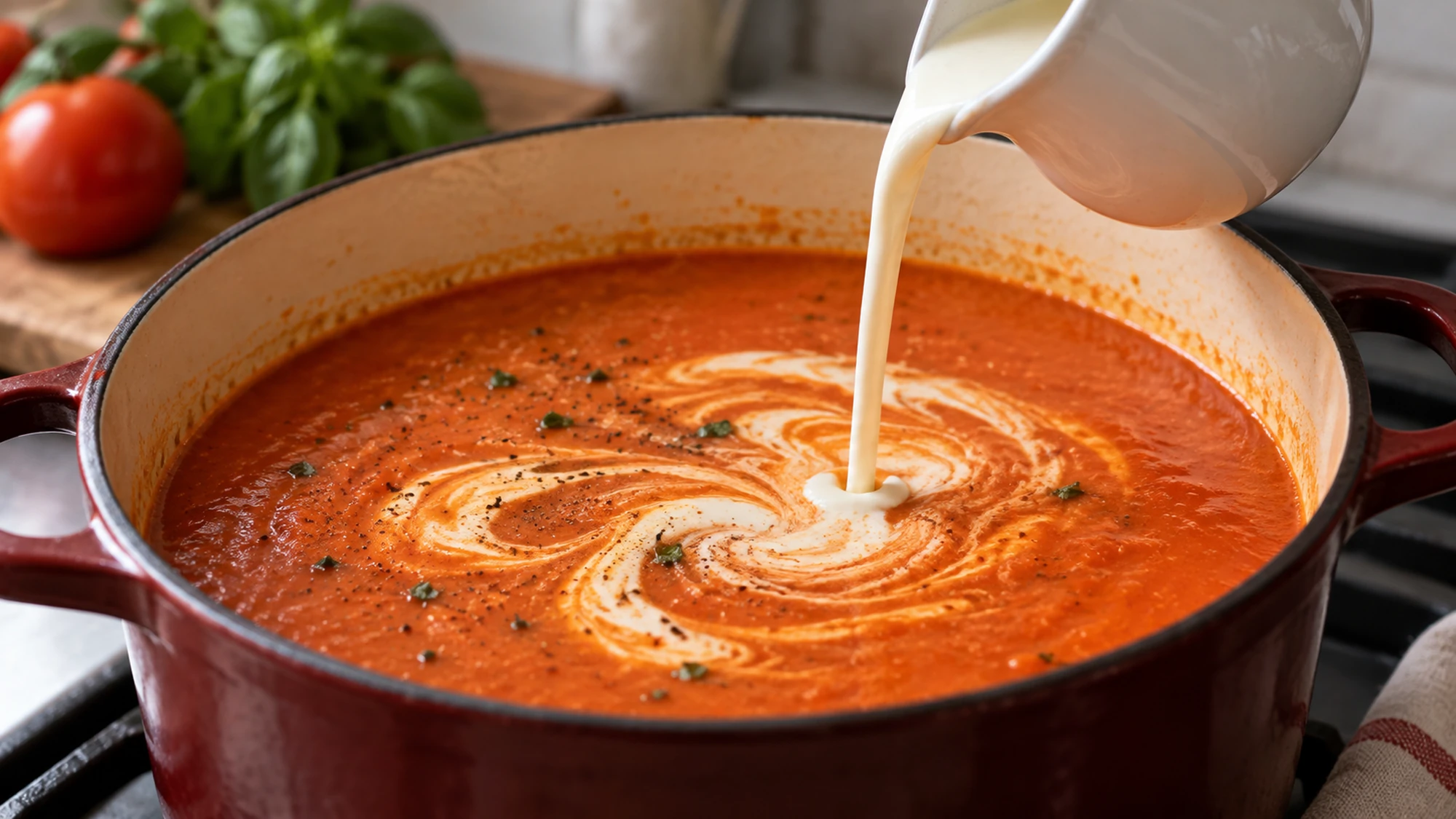 Liquid cream being poured into tomato soup