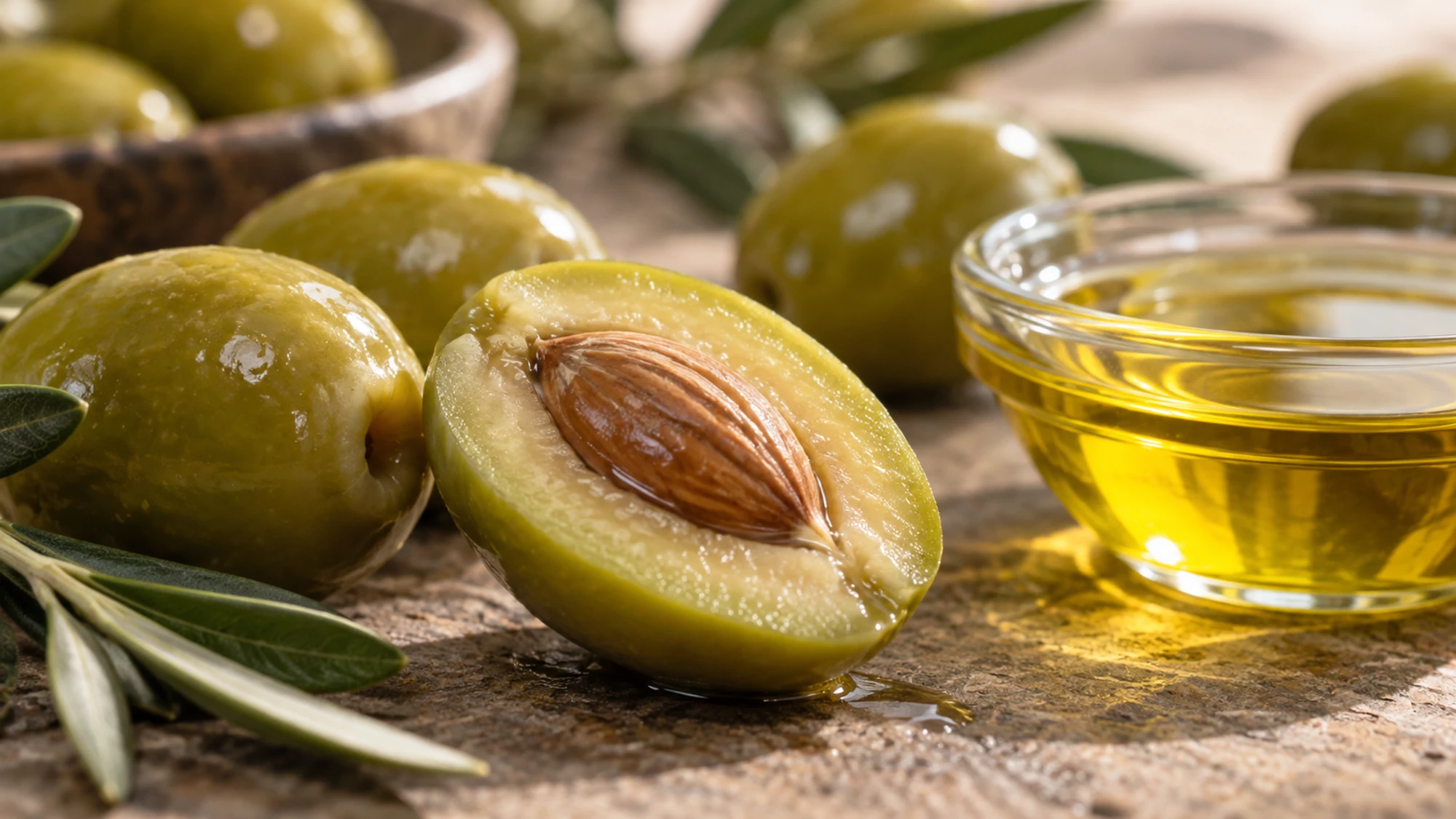 A halved olive showing pale green flesh around its brown pit beside a small dish of olive oil.