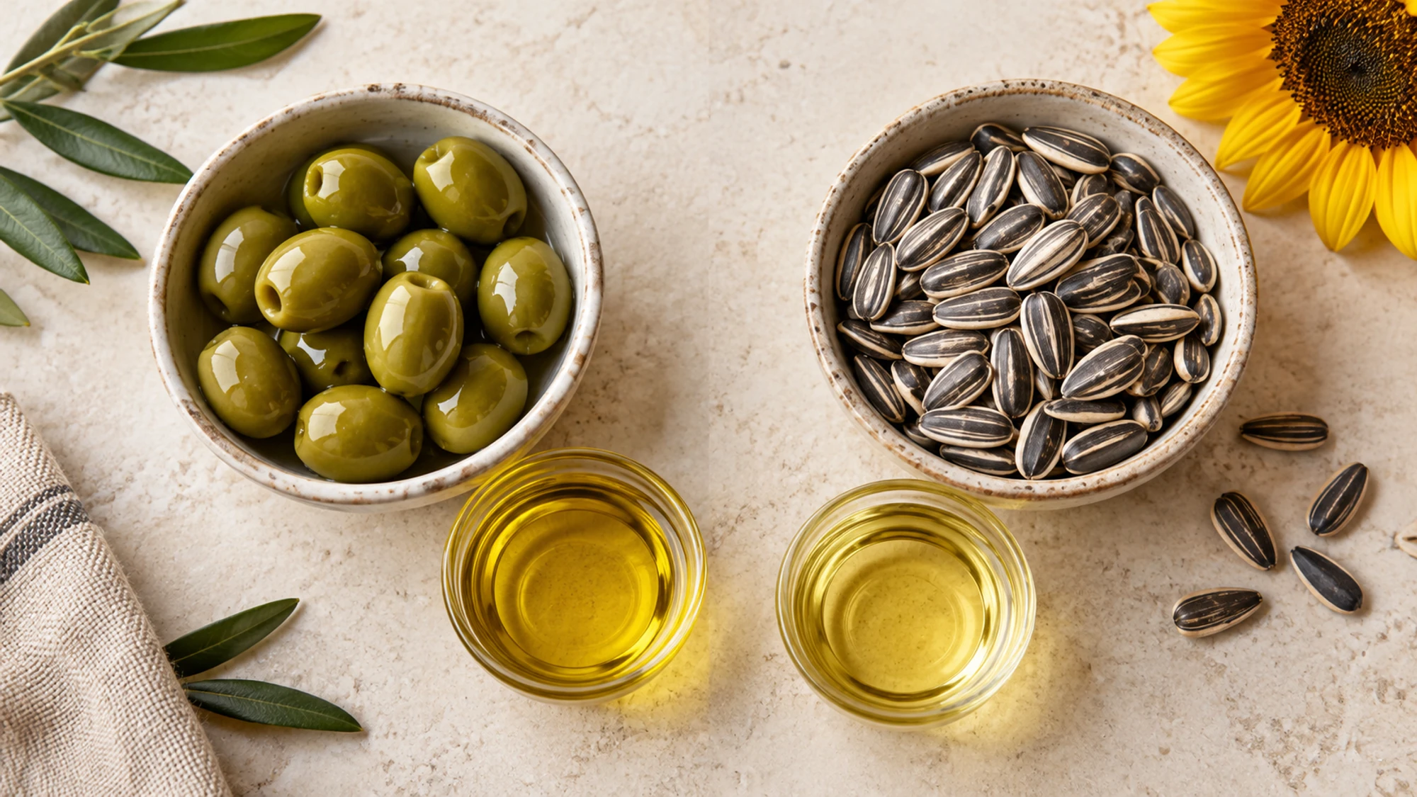 Whole olives and sunflower seeds in separate bowls beside small cups of their oils.