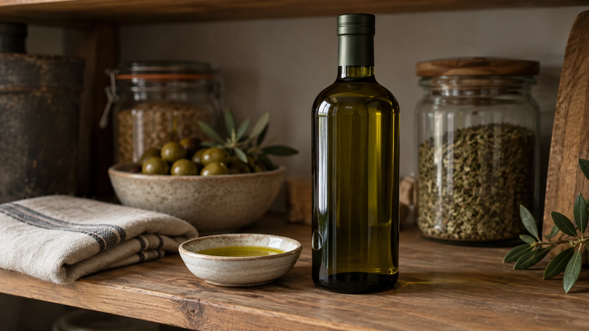 A capped dark glass olive oil bottle on a shaded pantry shelf.