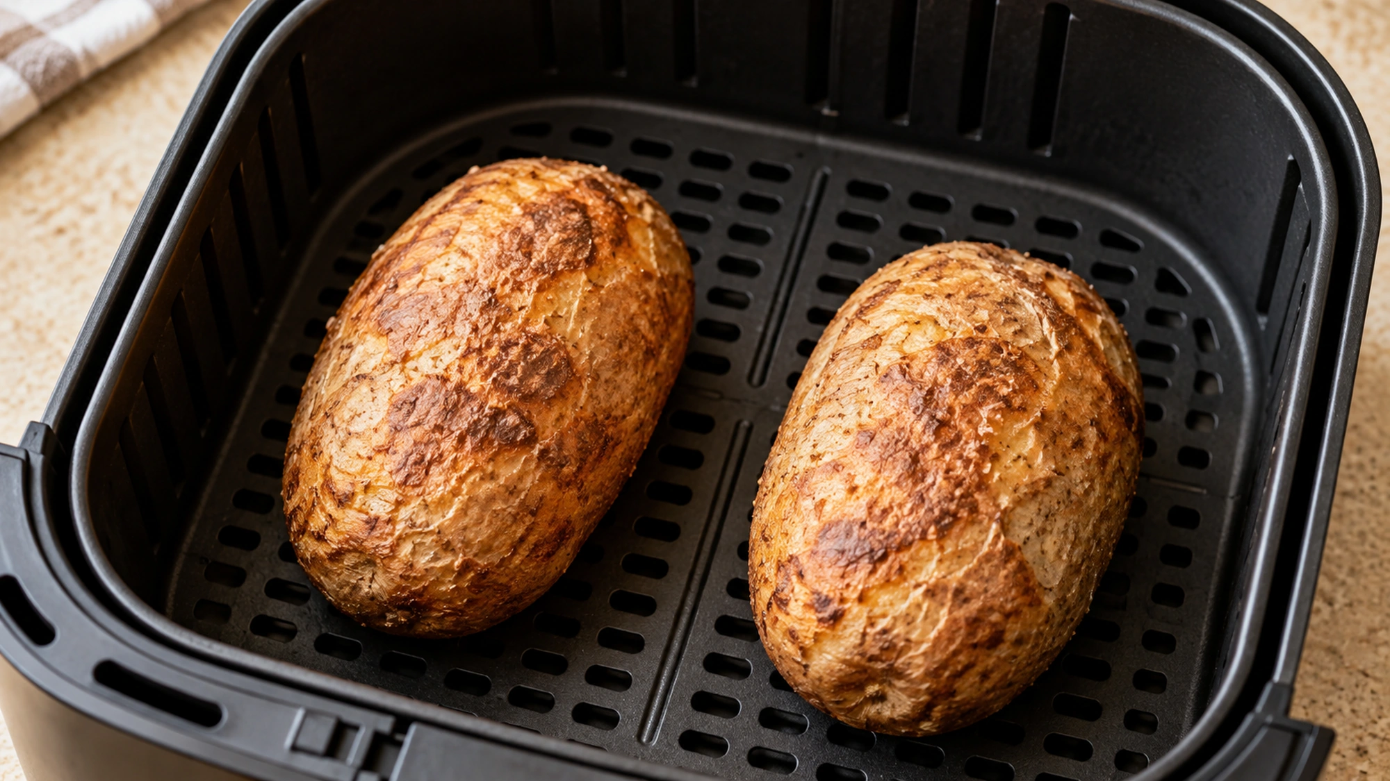 Two golden-brown whole jacket potatoes spaced apart in a black air fryer basket.