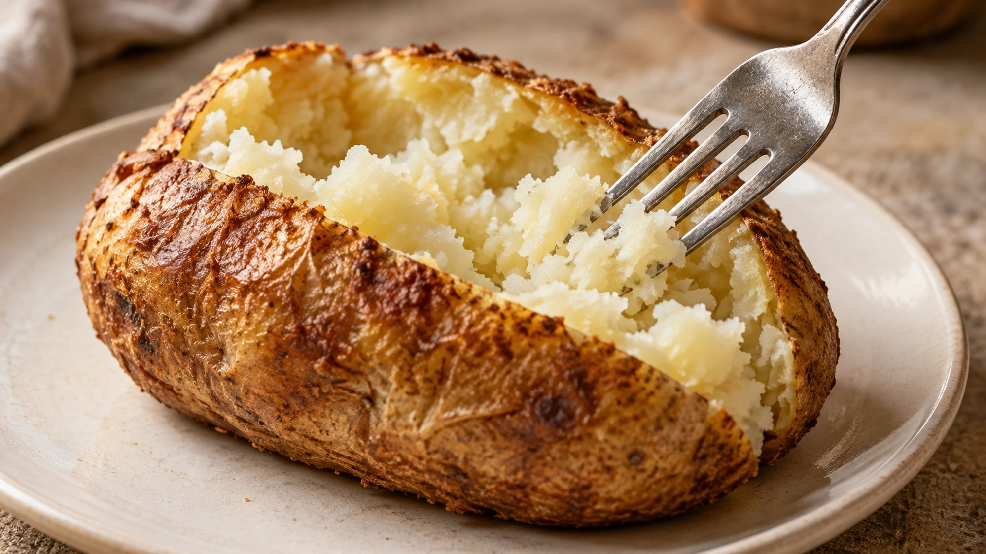 Jacket potato in air fryer recipe with a fork loosening its fluffy center on a cream plate.