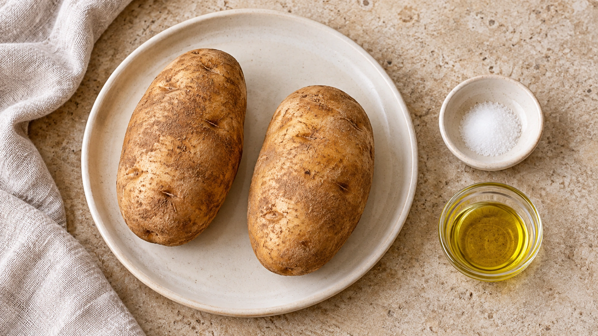 Two scrubbed russet potatoes with small bowls of olive oil and salt before air frying.