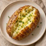 Air fryer jacket potato split open and topped with a small butter pat and snipped chives.