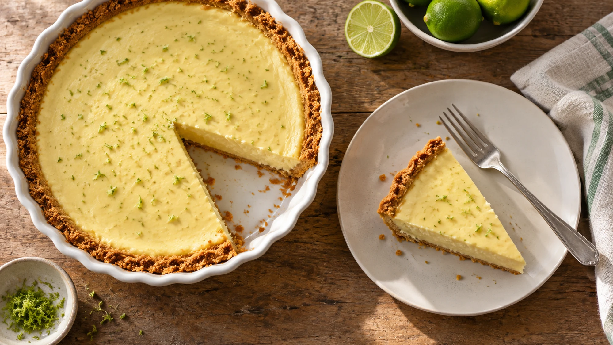 Overhead view of a Key lime pie and a chilled slice