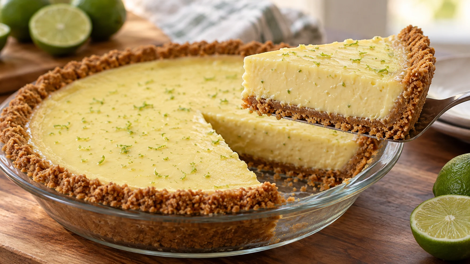 A clean slice revealing the creamy lime filling and crumb crust