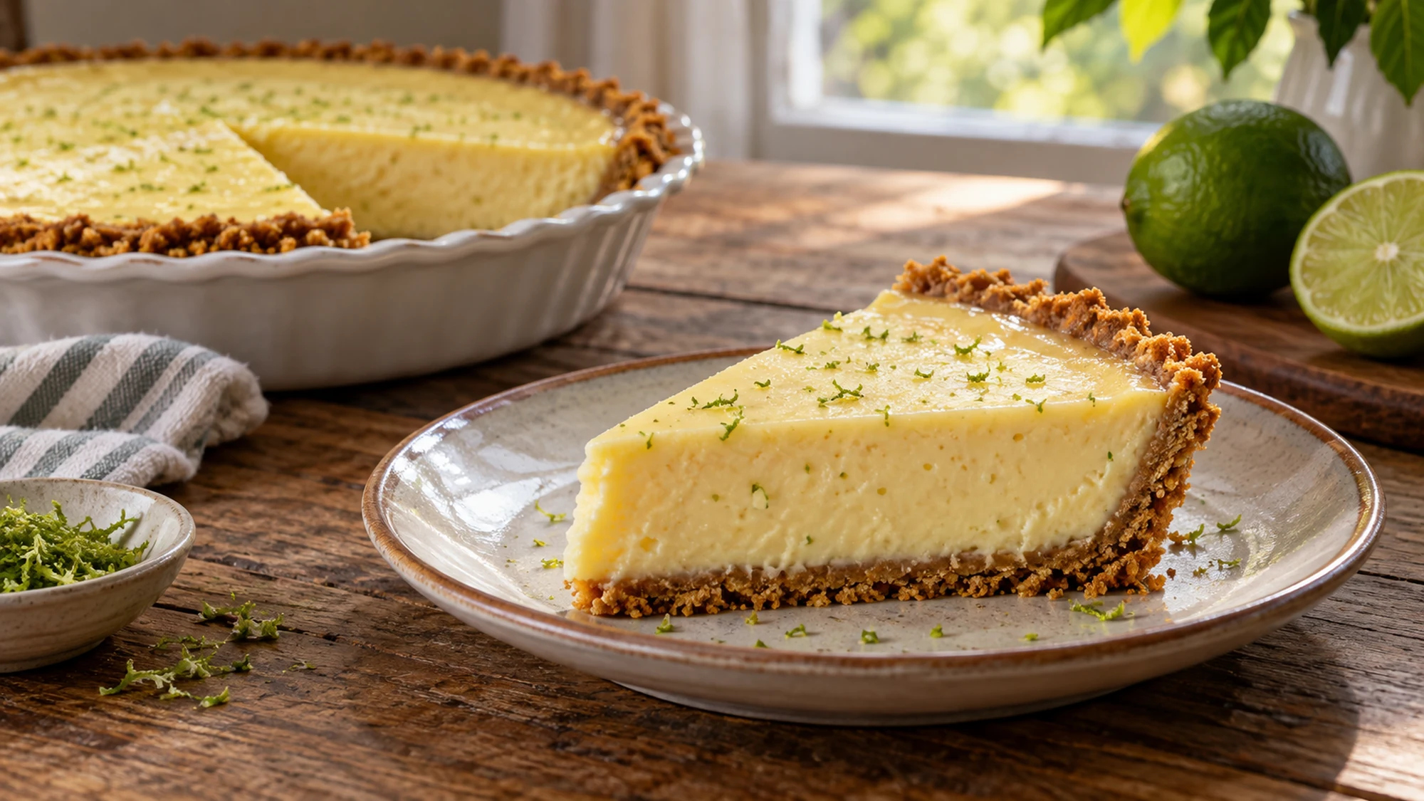 Side view of a chilled Key lime pie slice
