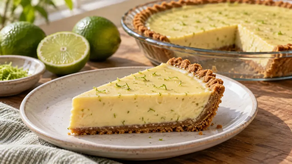Chilled Key lime pie with pale yellow filling and a golden graham crust