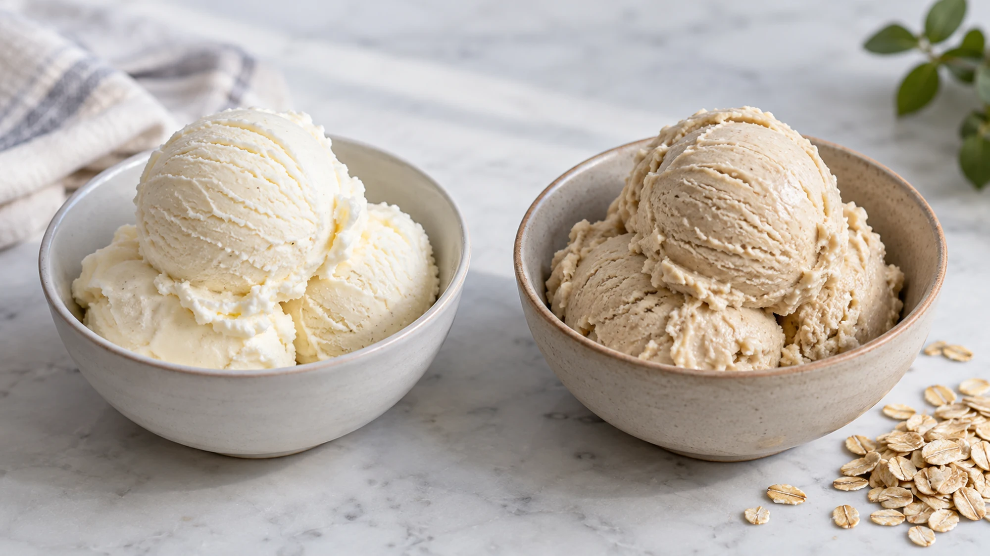 White vanilla ice cream and a beige oat-based frozen dessert in separate bowls.