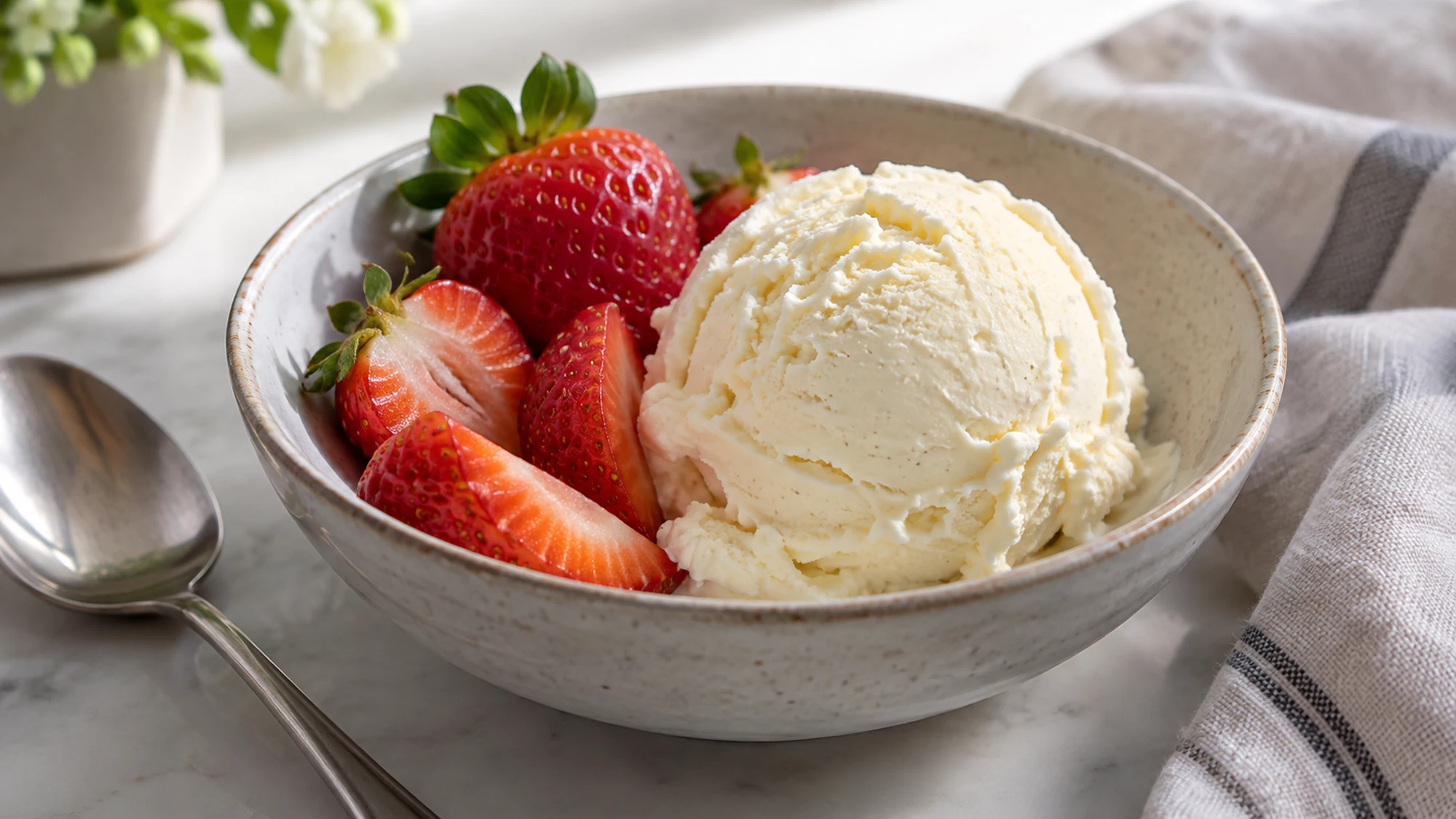 A scoop of vanilla ice cream with fresh strawberry halves in a small bowl.