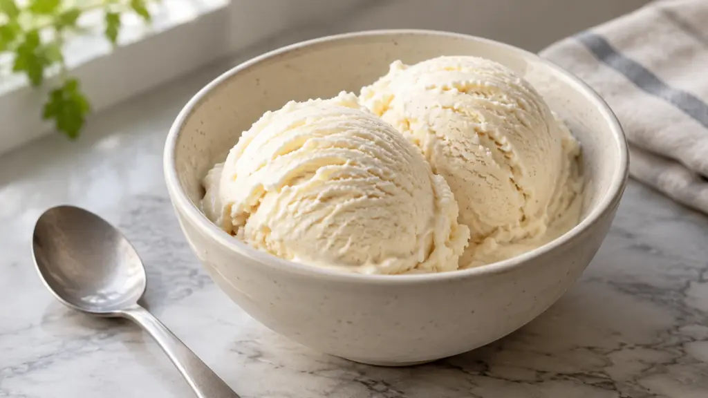 Two scoops of vanilla ice cream in an ivory bowl beside a spoon.
