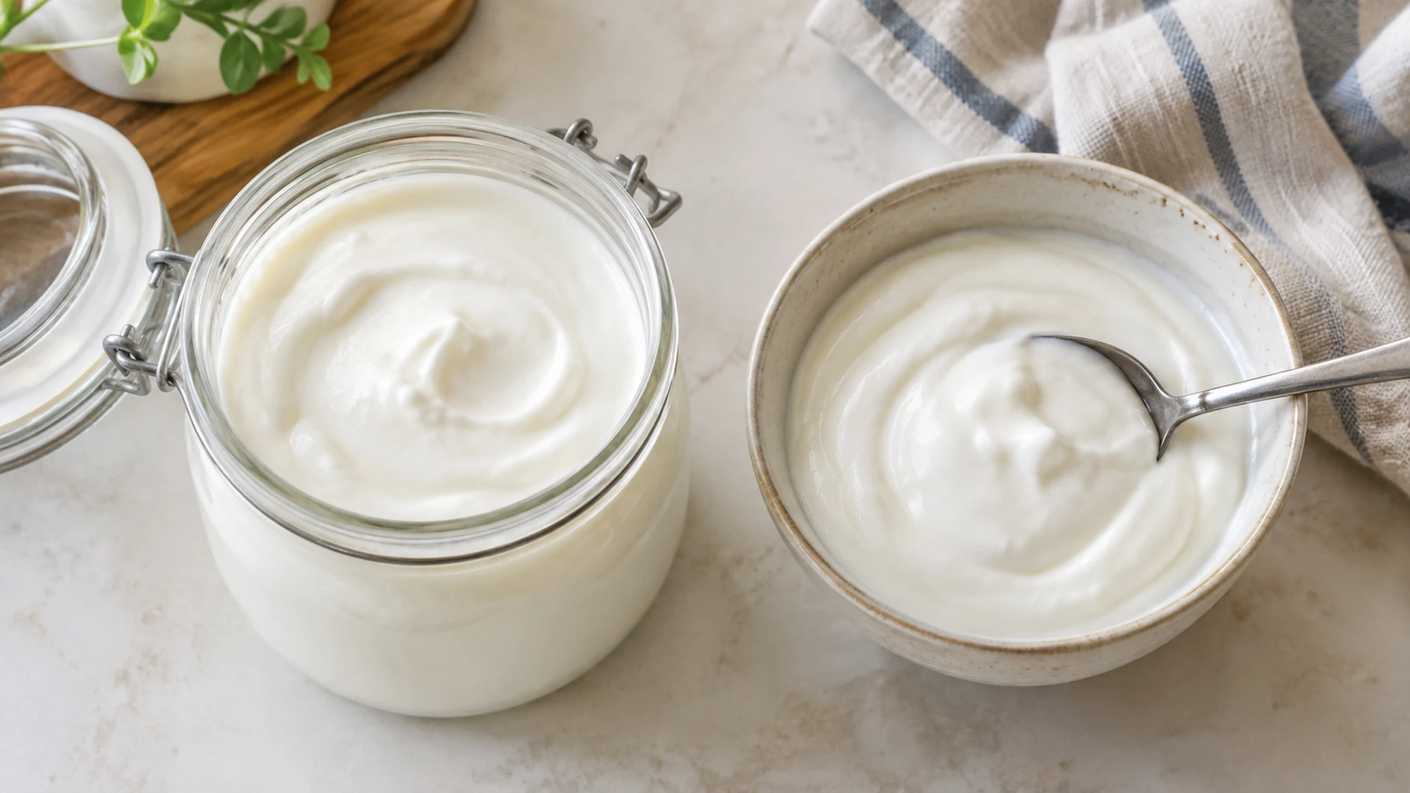 Plain white yogurt in an open glass jar and small ceramic bowl viewed overhead
