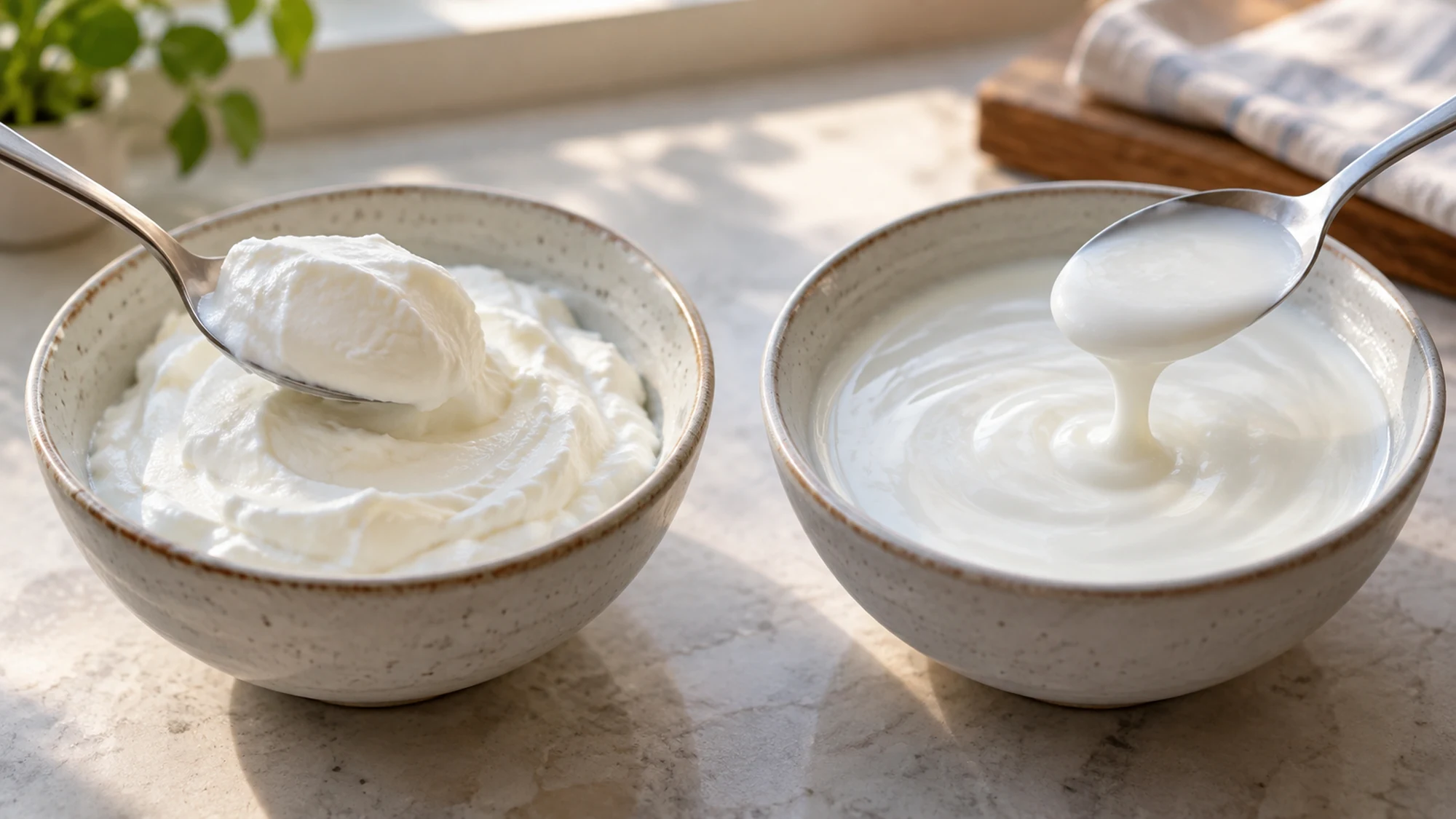 Two bowls showing thick spoonable yogurt and a looser flowing texture