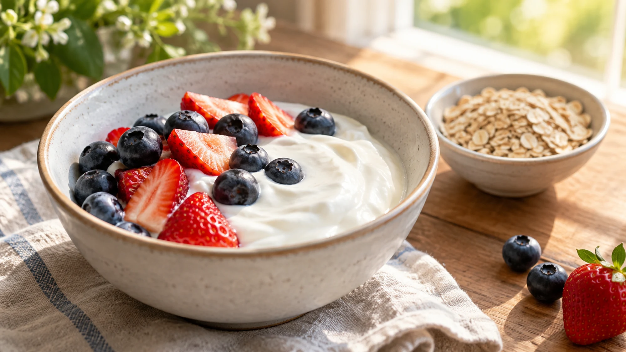 Plain yogurt with blueberries and strawberries beside a small bowl of oats