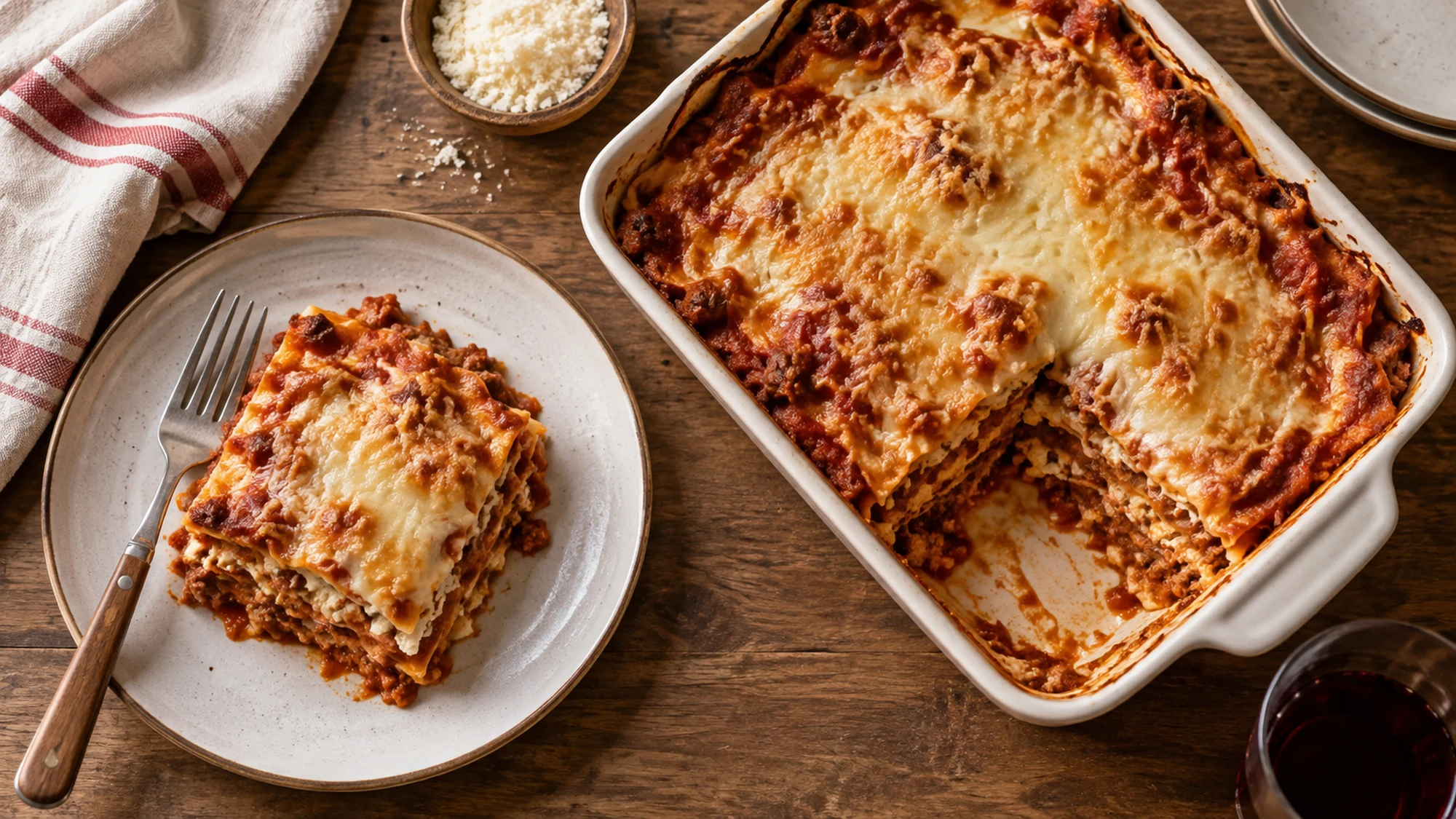 Overhead view of browned beef lasagne in a baking dish