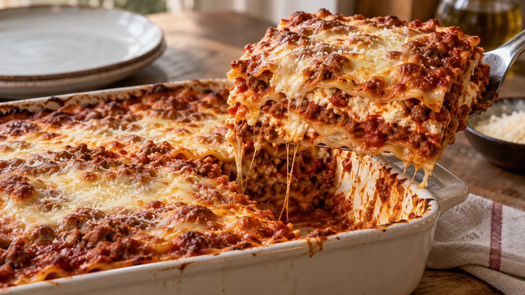 A lifted lasagne portion revealing beef sauce and ricotta layers