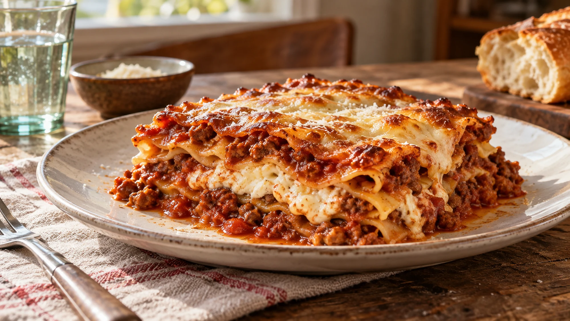 A plated portion of beef lasagne