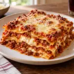 Square close view of beef lasagne with creamy ricotta layers