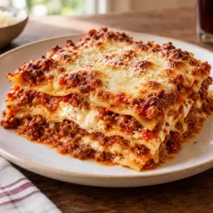 Square close view of beef lasagne with creamy ricotta layers
