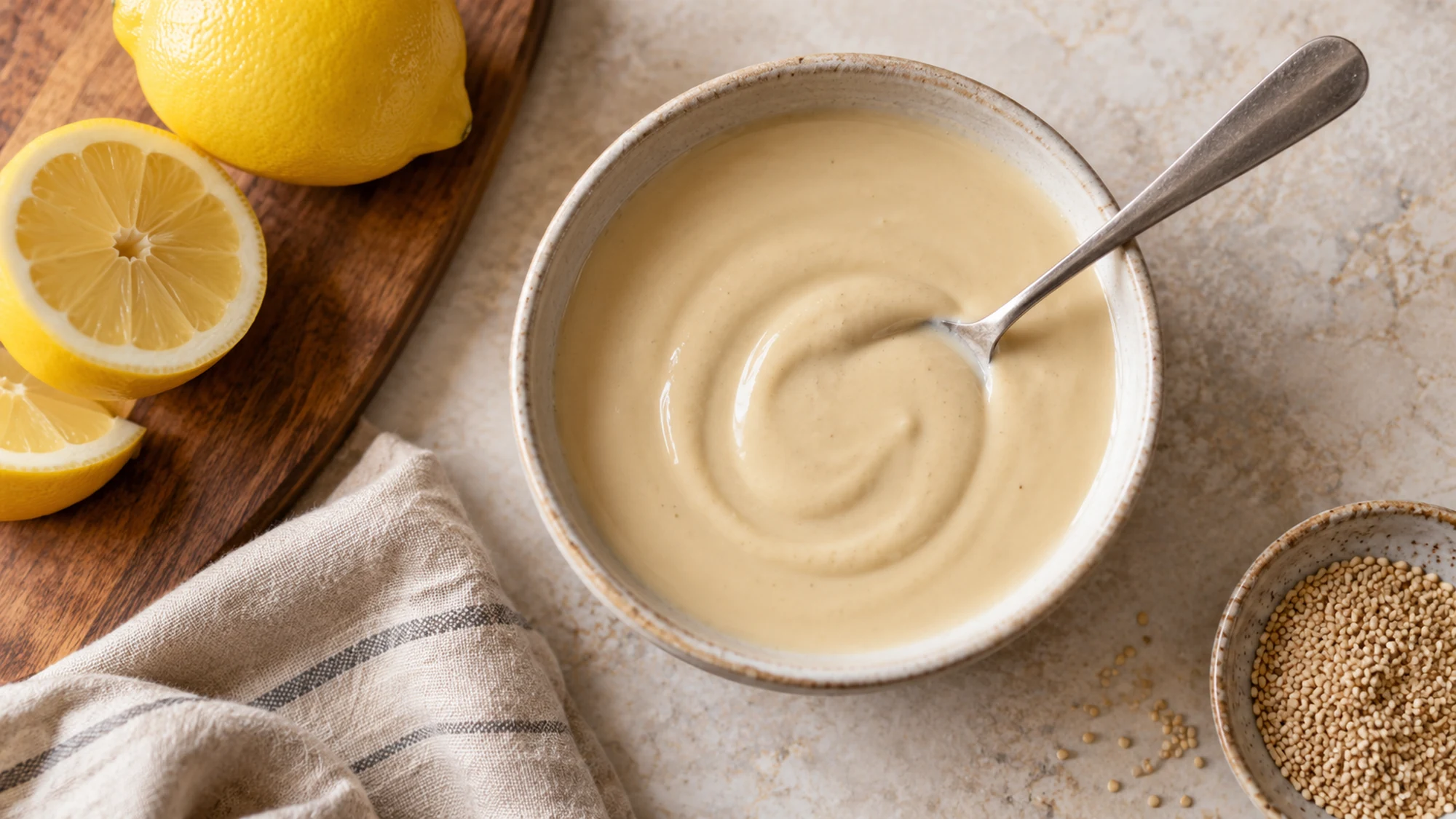Overhead view of smooth pale lemon tahini sauce in a ceramic bowl