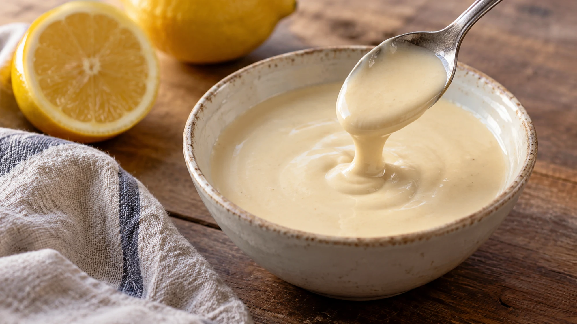 Serving detail showing the texture of lemon tahini sauce