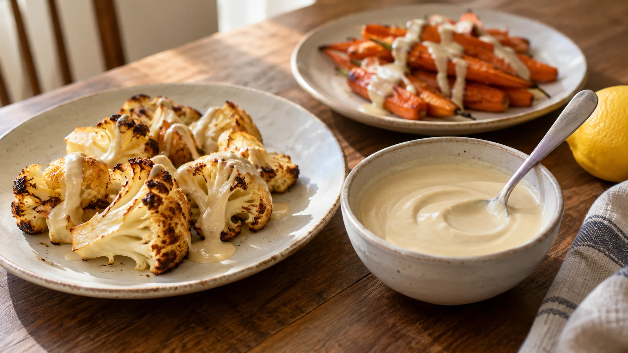 Two modest portions of lemon tahini sauce ready to serve