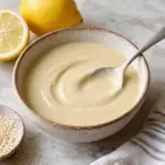 Square close-up of smooth pale lemon tahini sauce in a ceramic bowl
