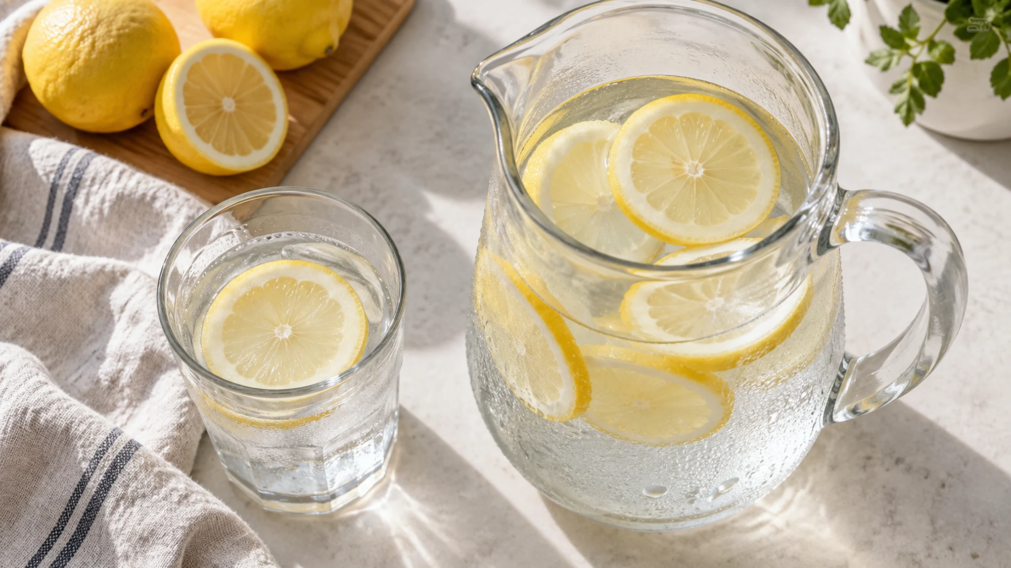 Pitcher of lemon-infused water and a glass viewed from above