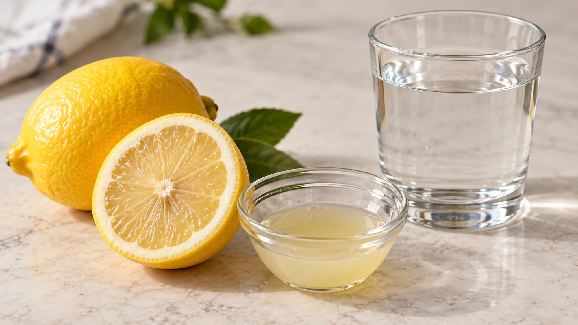 Fresh lemon, a small bowl of squeezed juice and plain drinking water