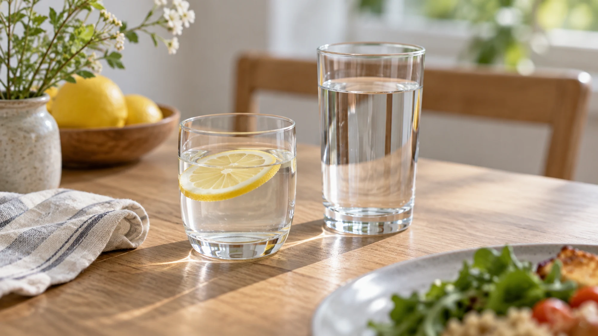 Small lemon-water glass beside a larger plain water glass at lunch