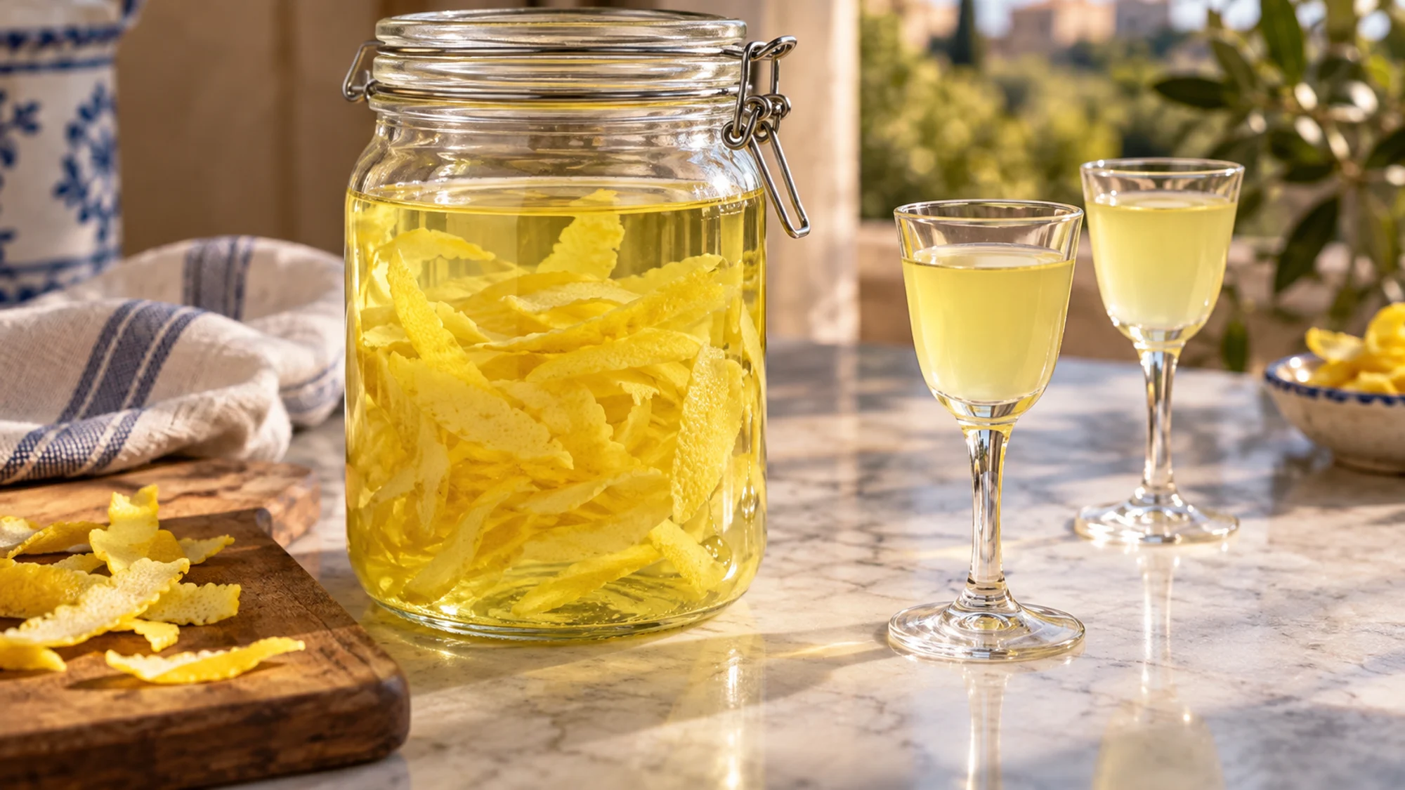 Lemon peels infusing in a jar of vodka